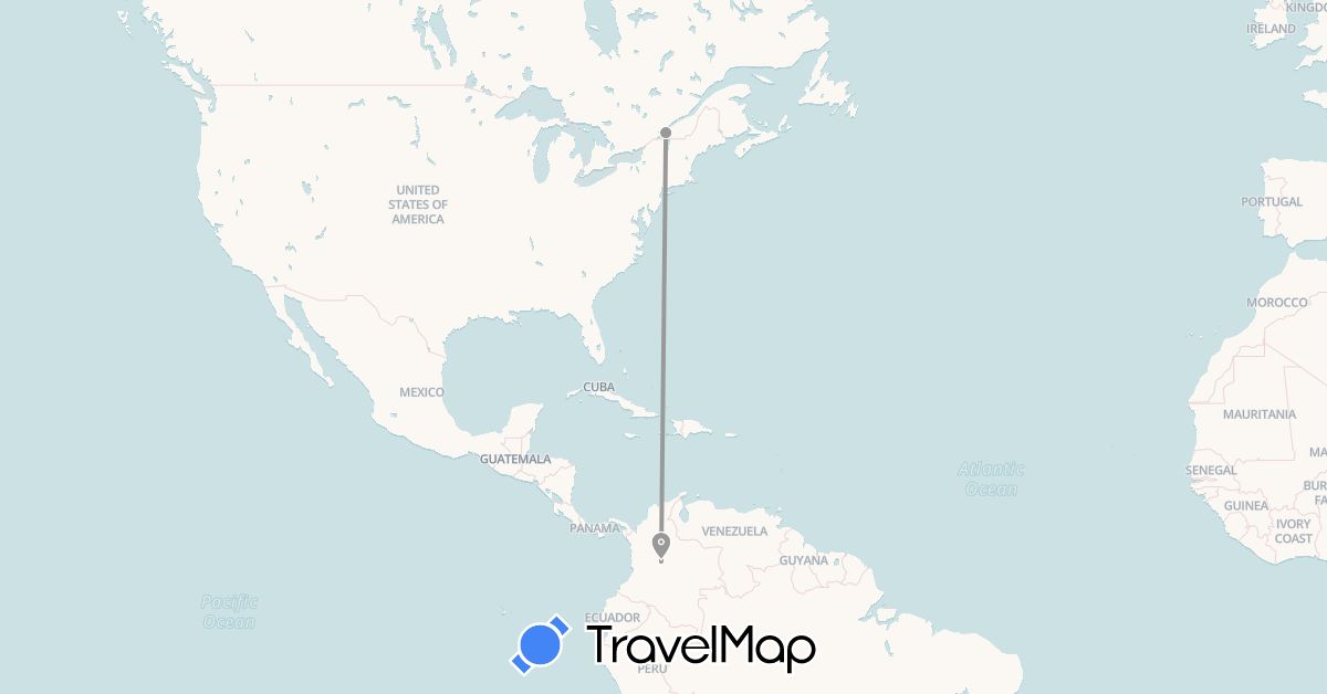TravelMap itinerary: driving, plane in Canada, Colombia (North America, South America)